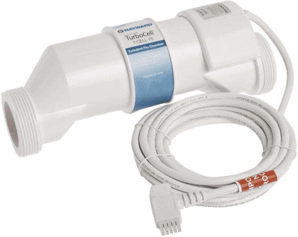 A Hayward W3T-CELL-15 TurboCell Salt Chlorination Cell for In-Ground Swimming Pools up to 40,000 Gallons with attached white cables, featuring labels and a connection plug.